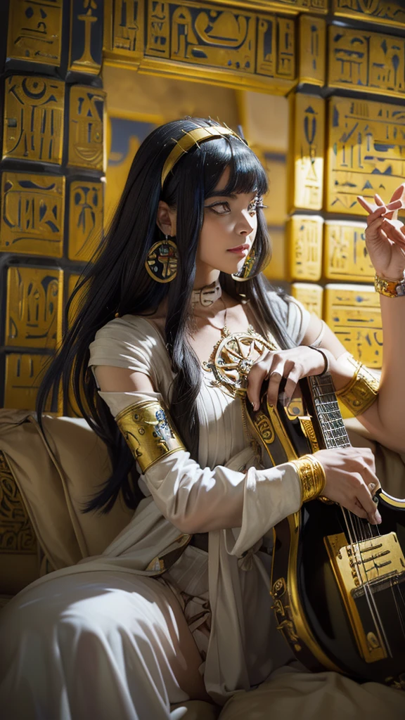 ((striderscribe)),((beautiful prostitute))),realisticlying，25 young girl，(((playing heavy metal with his electric guitar))), An Egyptian woman with blue neon eyes,((Cleopatra, the legendary Queen of Egypt, is deeply engrossed in the art of deciphering hieroglyphics, surrounded by a circle of dedicated scribes and scholars in this captivating learning scene. The regal figure, with an enchanting expression of intense focus and determination, meticulously examines the intricate symbols etched upon parchment, demonstrating her unwavering dedication to the ancient Egyptian wisdom. The scholarly atmosphere is further accentuated by the presence of open scrolls, quills, and ink pots spread around, along with intricately decorated papyrus rolls lining the walls. The atmosphere radiates a profound sense of intellectual rigor and scholarly pursuit
