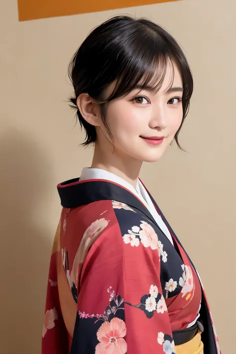 288 (20-year-old woman,short hair) , (a kind smile) , (kimono), (colorful), (japanese painting by uemura shōen), flower