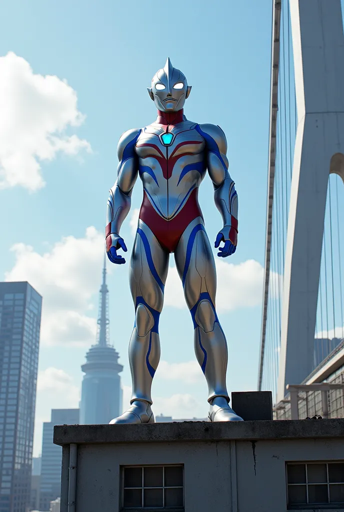 Ultraman, The color of his costume is silver。。Blue Line. he、With Yokohama Bay Bridge in the background、Standing on top of an abandoned building。.