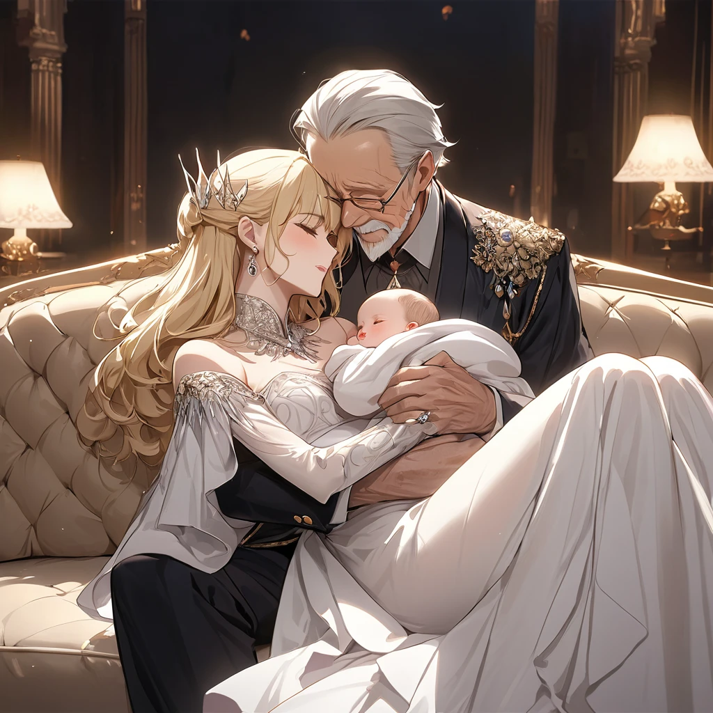 ((Best Quality)), ((masterpiece)), (detailed), （Perfect Face）、The woman is holding a baby、The woman is Seras Ashlain, a blonde elf queen wearing a gorgeous royal white dress, adorned with gorgeous jewelry and an engagement ring.、On a large, luxurious sofa, a woman and an elderly man are embracing each other, embracing each other as they make love.、The old man is the king、The woman is holding a baby