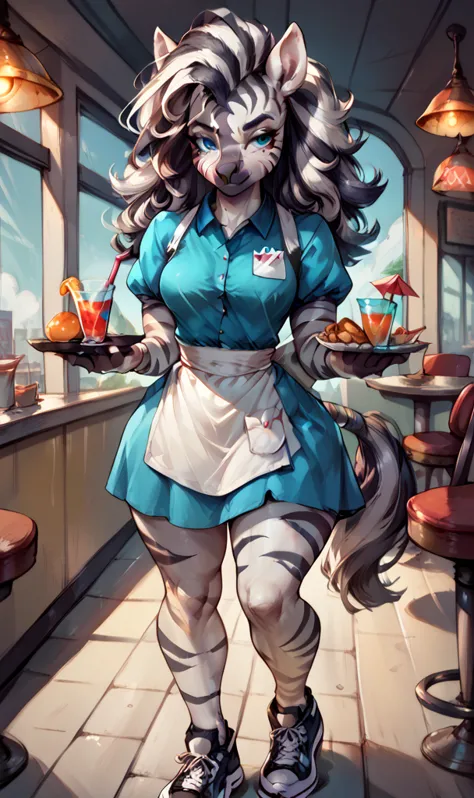 anthropomorphic zebra woman, long fluffy hair, zebra, medium breasts, attractive, (waitress uniform, black sneakers), shapely bo...