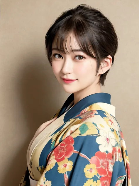 288 (20-year-old woman,short hair) , (a kind smile) , (kimono), (colorful), (japanese painting by uemura shōen), flower