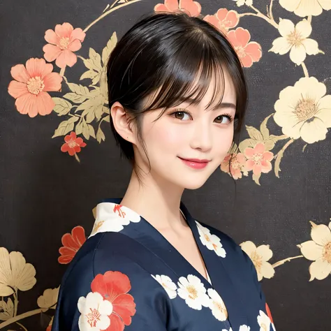 288 (20-year-old woman,short hair) , (a kind smile) , (kimono), (colorful), (japanese painting by uemura shōen), flower