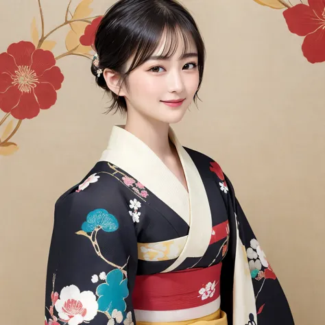 288 (20-year-old woman,short hair) , (a kind smile) , (kimono), (colorful), (japanese painting by uemura shōen), flower