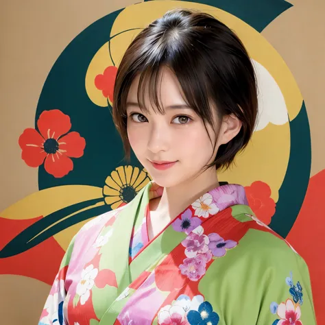 288 (20-year-old woman,short hair) , (a kind smile) , (kimono), (colorful), (japanese painting by uemura shōen), flower