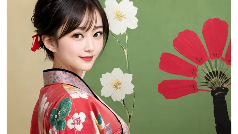 288 (20-year-old woman,short hair) , (a kind smile) , (kimono), (colorful), (japanese painting by uemura shōen), flower