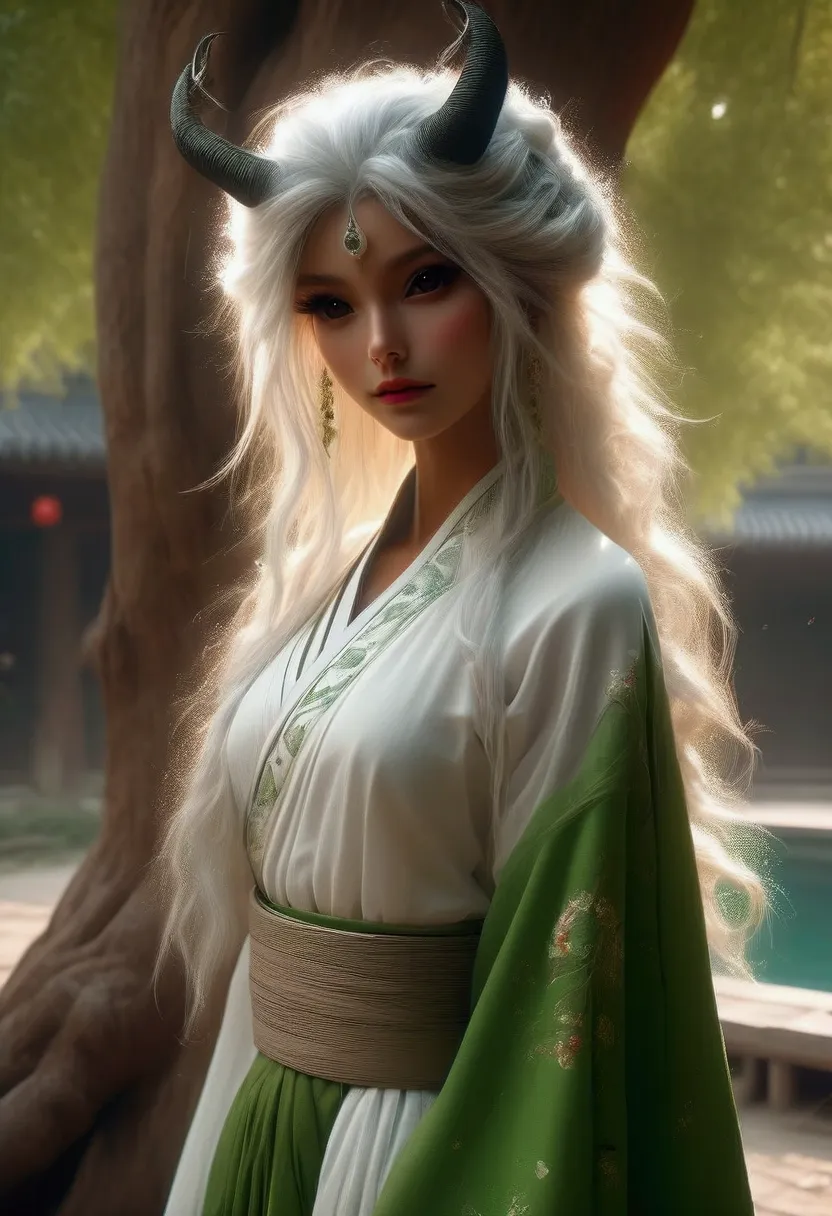 a young girl in a traditional chinese hanfu dress, wearing a ru_qun skirt, standing by a tree near a pool, with long white hair ...