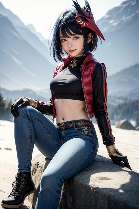 1girl, (long sleeved puffer parka, long jeans, iron belt), ((midriff, navel)), looking at viewer, smile, fashion pose, mountains...