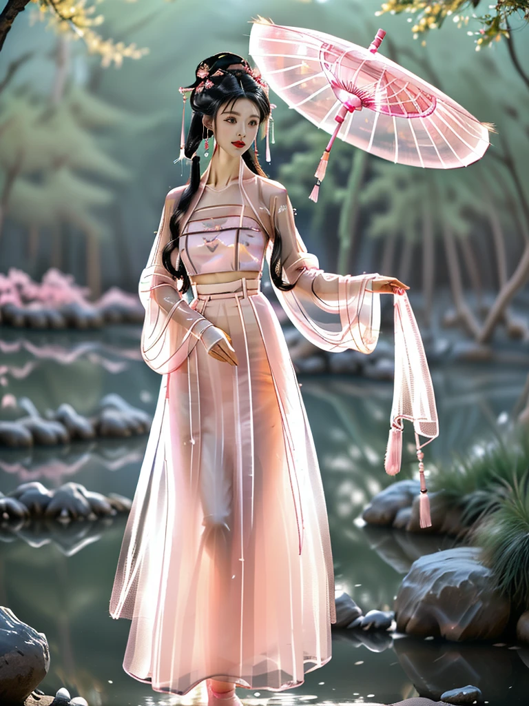 一个有着美丽脸庞的Sexy中国华裔女孩, Wearing avant-garde transparent fabric Hanfu, (((Light theme, Expose the subject, Sexy主题)))
(((Heavy rain, Uninhabited deep forest, Underground hot spring, Lush huge plants))),
((8K Ultra HD, 8K, Ultra-high resolution, Best quality, Super Fine, Clear focus. Masterpieces, complete pattern, Ultra HD, Detailed photos, Best image quality，Ultra-clear，Delicate facial features，Well-defined, Highly rated works, Close-up depth of field photography, Above the knee)), 
((Creating the image of a real girl), Realistic shadows, Soft lighting, Dynamic Angle, Dynamic poses, Elegant Posture, Cowboy lens, Full body front view, Be confident, Facing the camera, Eyes looking towards camera lens, Standing posture, Open your legs slightly, Golden Ratio Graphics, Minimalism, Center the character), 
( Smile, Sexy的, Balanced Eyes, Realistic eyes, Beautiful details of the eyes,Pretty Face, (Realistic face), Normal facial features, Realistic skin, Pay attention to skin details, Skin is clean and radiant, Whitening, Anatomically correct body, Golden ratio figure, Sexy的身材), 
(Perfect makeup, Gloves, earrings, bracelet, necklace, Jewelry, Hair accessories, shawl, sock, Knee socks, 吊garter, Leg ring, garter, 腿部garter), 
((beautiful hair), Dark black hair, Wavy curly hairstyle, Waist-length hair, Messy Hairstyle, Gradient hairstyles, Cyberpunk Hairstyle, High double ponytail hairstyle), 
((Transparent clothes: 1.5), (Revealing clothes: 1.5),  (Wet clothes:1.0), (Color of clothes: Pink), Wearing transparent clothing, (((Transparent pink mesh Hanfu))), (((Transparent pink mesh tube top))), (((Transparent pink mesh tube top))),), 
(Sexy的, Perfect breast shape, Teardrop chest shape, Snow-white breasts, Very detailed breasts, 36B cups), 
(Super high waist, Deep V, Low-cut, Sexy, Flattering, Open crotch, (Clear camel toe, (High fork strangulation))),
(((Clear outline, Clear underwear, 透明Sexy的穿着)))