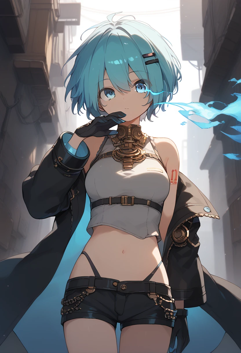 (uncensored), score_9, score_8_up, score_7_up,source_anime, high quality, exceptional, best quality, perfect hand, 1 girl, (solo), look at viewer, detailed face, detailed eyes, ((her right eye is glowing, blue fire)), (((short hair))), (dark), ((grey crop top)), (black g-string panties) , (middle size breasts), ((designed black jacket)), (((short pants))), ((leather gloves)), ((standing in back alley)), hatsune miku, no hair clip, thin light blue hair, blue eyes visible through hair, glowing eye, (steampunk)