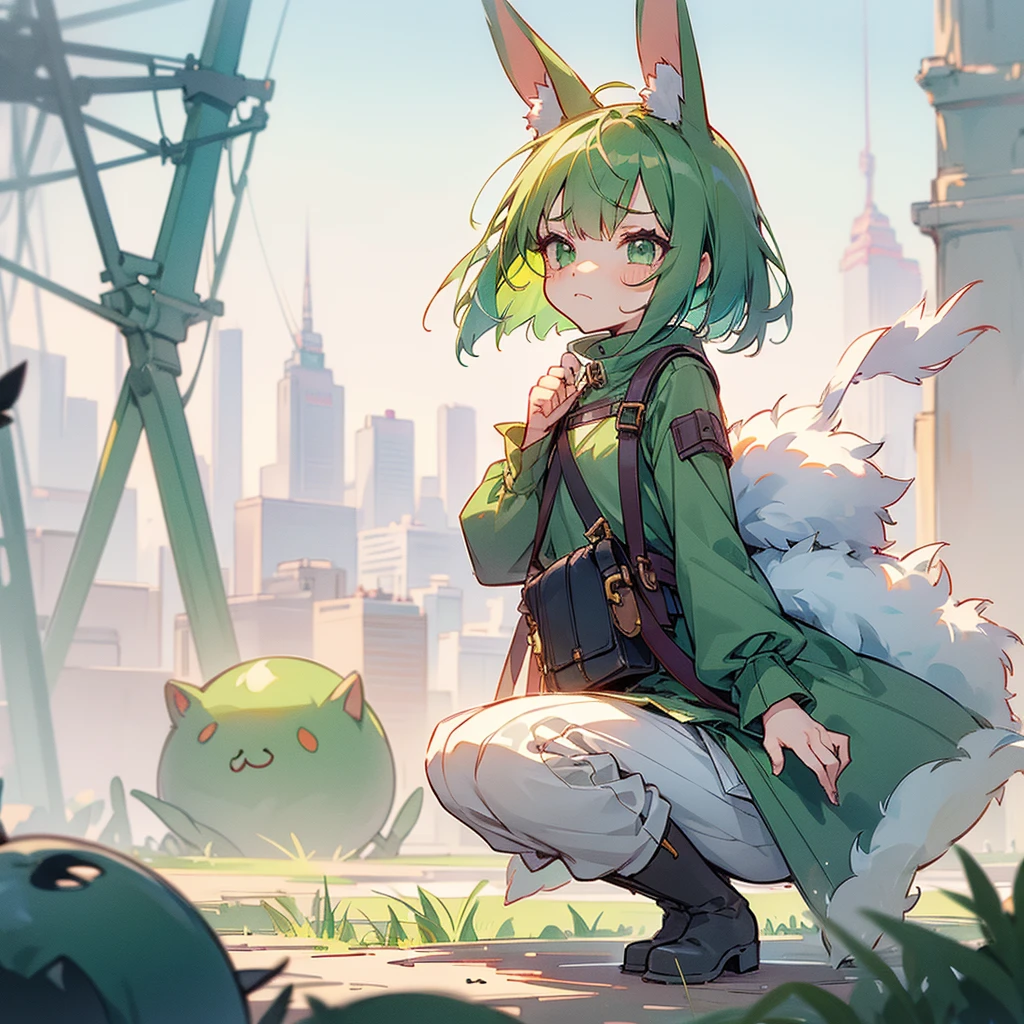 (long Green rabbit ears), green animal ears, (1 girl), green hair, green eyes, bob cut, thin eyebrows, frowning, flushed, sad, grumpy, shy, young, alone, Lolita, childhood, child, short, overall, coat, long boots, red hood, wide pants, harness, fingerless globe, belt, waist pouch, in the city, tiny, baby face, pastel academia, cel anime, Solo, crouching