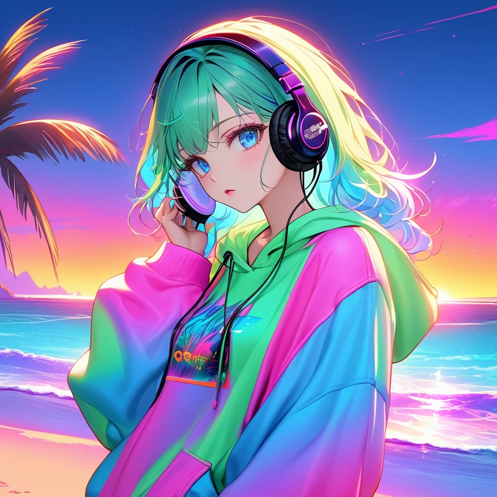 Neon Art,Neon Color Theme,Near future,Neon Sunset,Sandy Beach,Put on headphones,Punk clothing,Drop shoulder,Neon Green Hoodie,Neon Rainbow,Neon blue eyes,Gradient,masterpiece,Best Quality,Exquisite,8k,Absurd,Ultra-fine illustrations,front