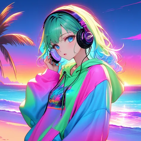 neon art,neon color theme,near future,neon sunset,sandy beach,put on headphones,punk clothing,drop shoulder,neon green hoodie,ne...