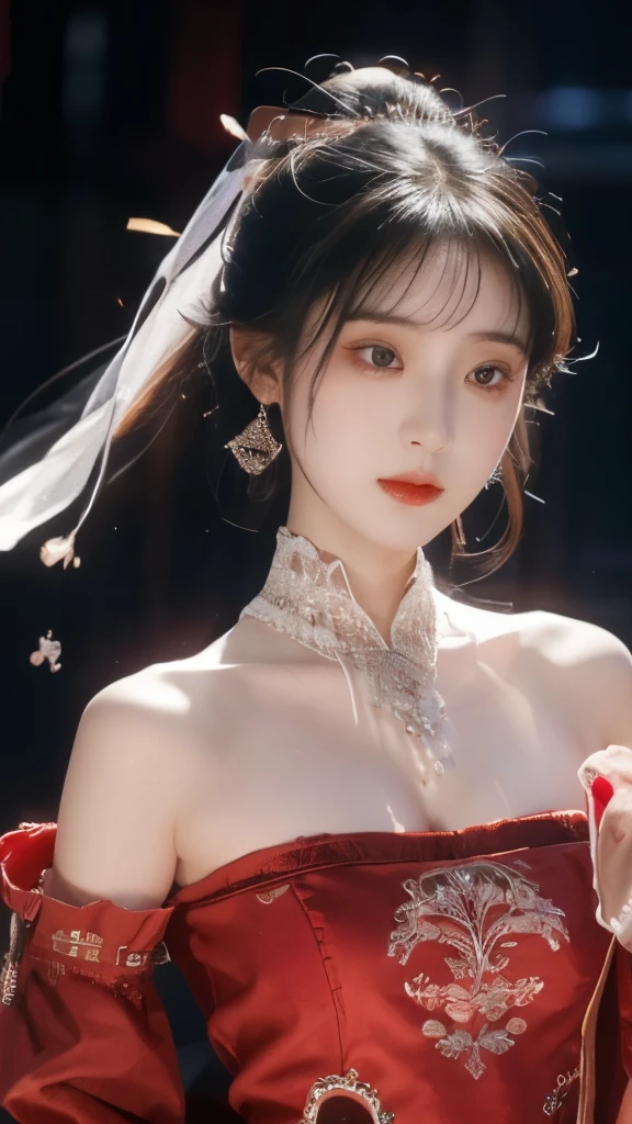 （Best quality，masterpiece：1.2），Ultra-high resolution，Realistically，forward lighting，Intricate details，Exquisite details and textures，（1 Girl），solo，Upper Body，Red Hanfu，Petal pattern，漂亮的Big eyes，Red skirt，Beautiful face，For the audience，ribbon，gossamer，（young），Facial highlights，Detail production，Tear mole，White skin，Silver Hair，High Ponytail，Looking at the audience，Big eyes，（Hollow pattern），earrings，Slim figure，White background，The right hand，Professional lighting，Photon Mapping，Radio City，Physically Based Rendering