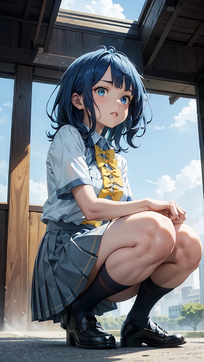 Super best quality by art god, super detailed, high resolution, anime moe art style, super detailed, detailed background, dynamic angles, girl solo, long blue hair, pretty lips, beautiful face, beautiful eyes, small breasts, uniform, collared shirt, white shirt, pocket, blue ribbon, yellow ribbon, short sleeves, medium size breasts, skin dentation, shirt tucked in, blue skirt, pleated skirt, black socks, loafers, squatting, looking up to the sky, dusk, (((composition looking up from below))), too many sitting cats,