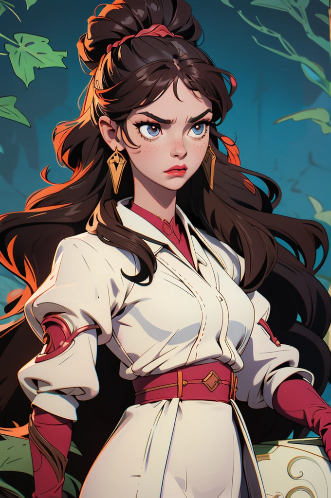 A young queen with an air of fierce authority, her brown hair fully gathered into an intricate chignon atop her head. Her face is sprinkled with freckles, and her full lips are accentuated with lipstick. She wears a white robe with a long skirt, paired with black boots. Her expression is filled with anger and intensity, yet still radiates regal authority. The image is well-lit, highlighting the rage in her eyes, her commanding presence, and the intricate details of her outfit and hairstyle. The background is a dense, mysterious forest, contrasting her refined appearance with the natural, untamed surroundings. The overall mood is somber, with soft lighting that highlights her authority while maintaining a respectful, safe-for-work presentation.