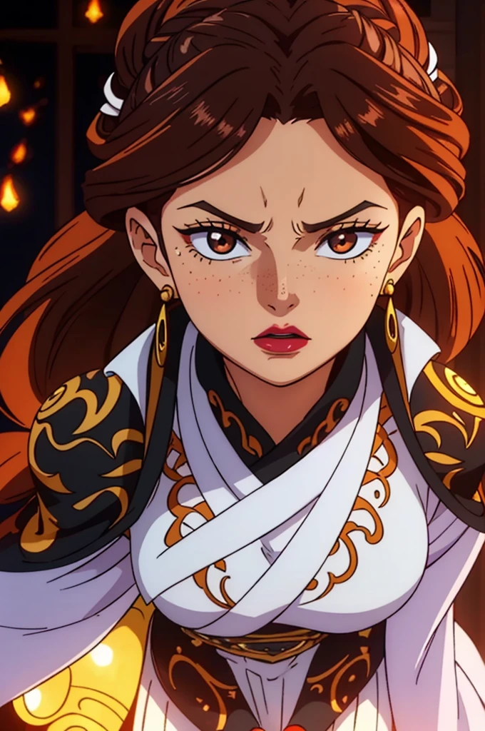 A young queen with an air of fierce authority, her brown hair fully gathered into an intricate chignon atop her head. Her face is sprinkled with freckles, and her full lips are accentuated with lipstick. She wears a white robe with a long skirt, paired with black boots. Her expression is filled with anger and intensity, yet still radiates regal authority. The image is well-lit, highlighting the rage in her eyes, her commanding presence, and the intricate details of her outfit and hairstyle. The overall mood is somber, with soft lighting that highlights her authority while maintaining a respectful, safe-for-work presentation.