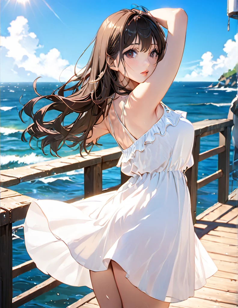 (masterpiece, best quality:1.2), illustration, anime, (wide shot), model shoot, 1girl, (show armpits , underarm hair) , long dark hair, dark brown eyes, pretty lips, beautiful faces, beautiful eyes, white sundress, back lighting, standing on pier, (ocean, glittering water surface), waves, scenery summer pier background, vibrant color, bright sunlight, 8K, ultra HD