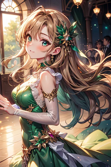 anime style, a stunningly beautiful cute girl with long light brown hair and emerald-green-colored eyes， wearing a prom dress， a...