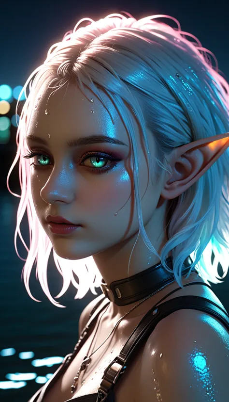 beautiful female elf，beautiful，moonlight，lake water，wet，transparent，real light and shadow contrast，realistic ray tracing，true li...