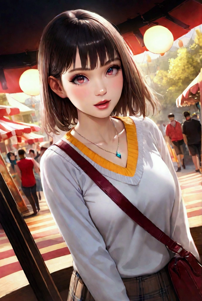 A girl in a colorful amusement park, beautiful detailed eyes, beautiful detailed lips, extremely detailed eyes and face, long eyelashes, detailed face, blush, smooth texture, realistic texture, realistic, bright colors, medium chest, cleavage, dynamic angle, perfect body, throwing dynamic pose, portraiture, white sweater, long sleeve, checked skirt, fashionable, single handbag, 1 diamond necklace, smile, open mouth, amusement park, best quality, 4k, 8k, highres, masterpiece:1.2, ultra-detailed, realistic:1.37, HDR, UHD, studio lighting, ultra-fine painting, sharp focus, physically-based rendering, extreme detail description, professional, vivid colors, bokeh