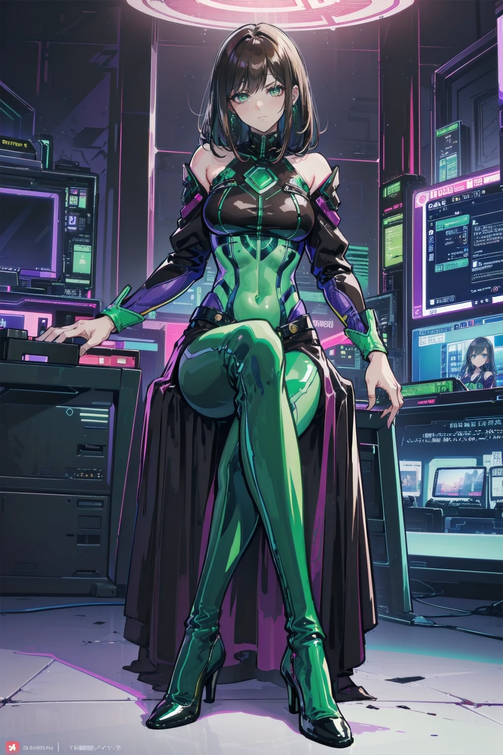 masterpiece, Best Quality, (Focus Only), (Perfect Face:1.1), (whole body), (high detail:1.1), (Ultra-detailed eyes), ((One girl, dramatic, Bright green eyes, Alone, Arrogant look)), ((Neon purple cyberpunk outfit, Mature Face, Face, Adult body, Green emerald eyes, Sexy adult eyes, Adult Eyes)), Art by Artgerm, Cinema Lighting, fashion, Small breasts, Highly detailed face, 大人Face, Very fine grain, ((Long eyelashes, Eyeliner, Frowning, Grin, Malicious smile, Sly Smile, Mouth closed, Fuller lips, Brown Hair, Straight Hair, Straight bangs, Shoulder-length hair, Hair cut to shoulder length, Medium Hair)), Purple clothes, Hourglass-shaped body, Small breasts, Small breasts, Big Hips, Thick thighs, Thick Ass, Pierced Ears, Ear piercing, Mature Expressions, Purple Neon Background, ((Fitness, , Shapely body, Athletic build, Toned body)), ((Forest in the background, Marble balcony, Sitting on the throne, Cross-legged座る, Cross-legged,  High heels, Mischievous, Red lipstick female hacker, Computer Lab, internet, Cyber World ))
