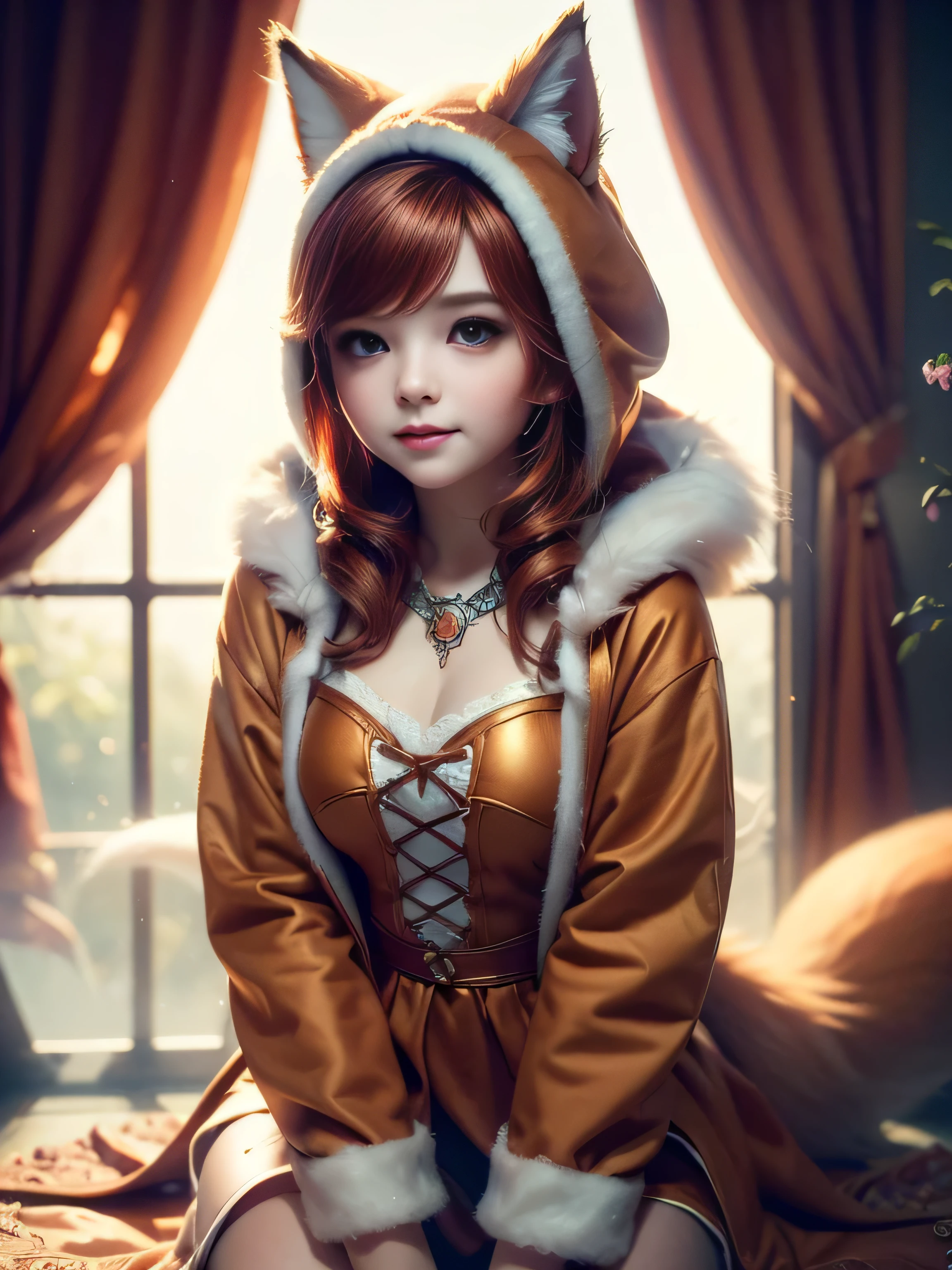 (Best Quality, Super Detailed, masterpiece, representative work, official art, professional, super high detail, 8k:1.3) Cute girl face, ginger hair, ((brown)) eyes, 1 girl, fox costume, hood, fox tail, furry, kneeling, girl dressed as furry, Vivid colors, Red hair, Innocent expressions, Playful features, Natural lighting, Soft background, Photorealistic, Shining eyes, Sharp focus, Glowing skin, Sweet and mischievous look, Hint of mischief, Dreamy atmosphere, Delicate details, soft volumetric light, (backlight:1.3), (cinematic:1.2), intricate details, (ArtStation:1.3)