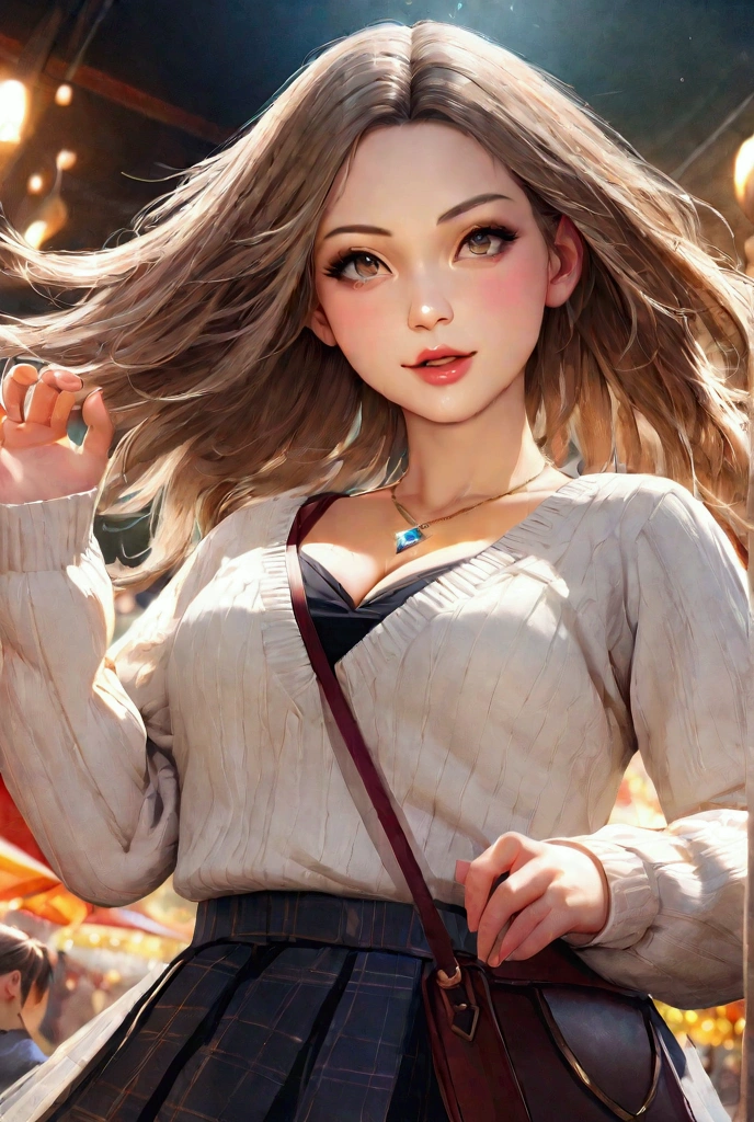 A girl in a colorful amusement park, beautiful detailed eyes, beautiful detailed lips, extremely detailed eyes and face, long eyelashes, detailed face, blush, smooth texture, realistic texture, realistic, bright colors, medium chest, cleavage, dynamic angle, perfect body, throwing dynamic pose, portraiture, white sweater, long sleeve, checked skirt, fashionable, single handbag, 1 diamond necklace, smile, open mouth, amusement park, best quality, 4k, 8k, highres, masterpiece:1.2, ultra-detailed, realistic:1.37, HDR, UHD, studio lighting, ultra-fine painting, sharp focus, physically-based rendering, extreme detail description, professional, vivid colors, bokeh