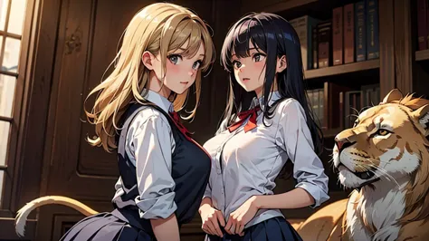 best quality、masterpiece、high resolution、cute girls、large breasts、uniform uniform、mini skirt、petting two lions