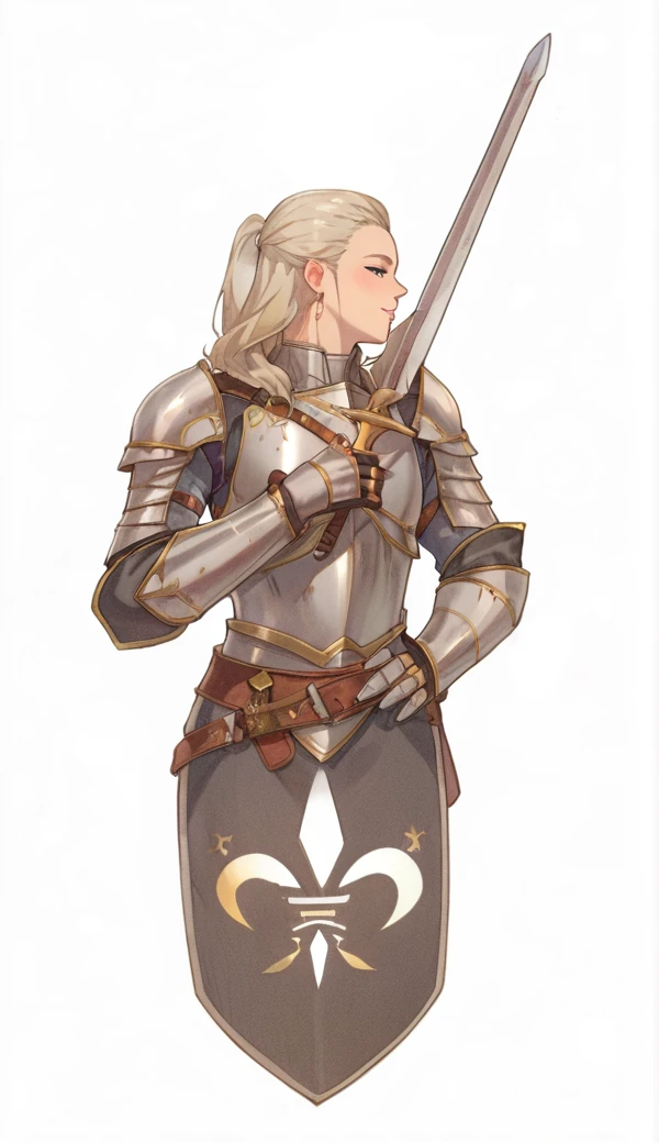 Keep the same image, blond hair, silver armor. 