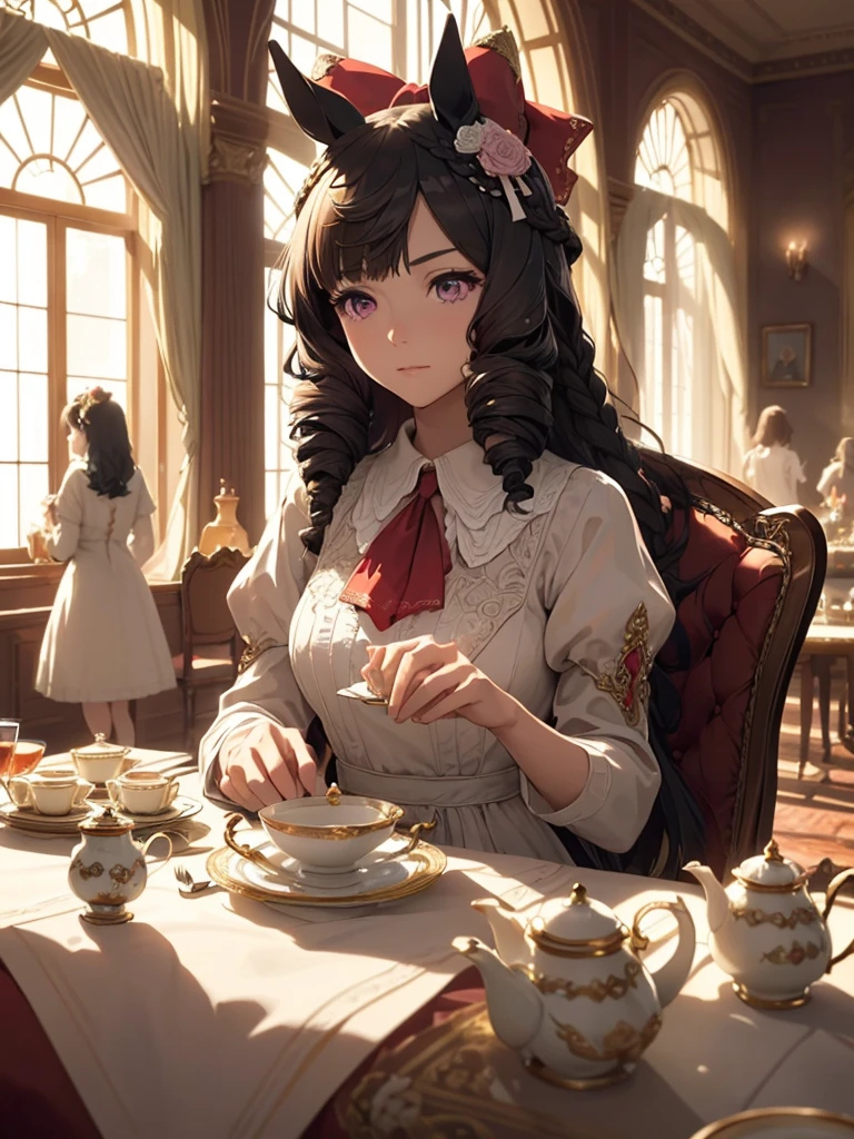 ((​masterpiece、top-quality、hight resolution、Unity 8k、extremely details CG:1,Best Picture), daiichi_ruby, 1girl, animal ears, horse ears, horse girl, long hair, hair ornament, black hair, hair bow, braid, horse tail, drill hair, tail, hair flower, "A group of elegant women gathered for a refined tea party in a luxurious parlor. They are seated around a beautifully set table, with fine china, delicate pastries, and a teapot placed elegantly in the center. The women are dressed in exquisite gowns, engaging in polite conversation, with graceful gestures and soft smiles. The atmosphere is sophisticated and relaxed, with sunlight streaming through large windows, casting a warm glow over the scene."