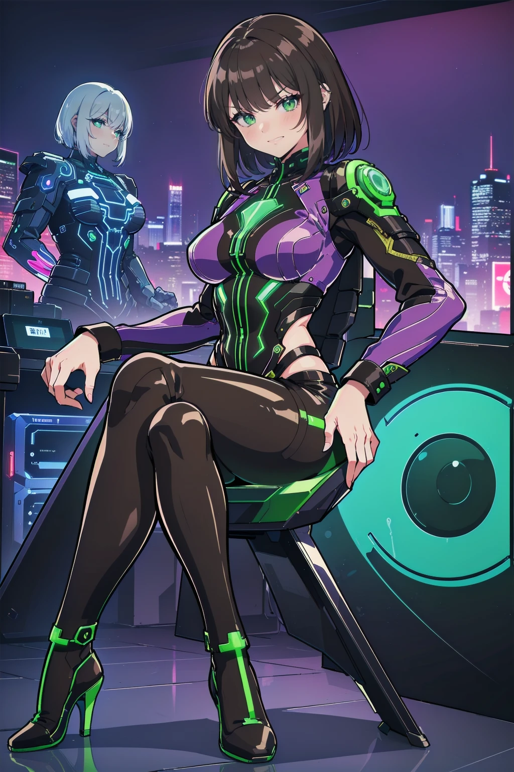 masterpiece, Best Quality, (Focus Only), (Perfect Face:1.1), (whole body), (high detail:1.1), (Ultra-detailed eyes), ((One girl, dramatic, Bright green eyes, Alone, Arrogant look)), ((Neon purple cyberpunk outfit, Mature Face, Face, Adult body, Green emerald eyes, Sexy adult eyes, Adult Eyes)), Art by Artgerm, Cinema Lighting, fashion, Small breasts, Highly detailed face, 大人Face, Very fine grain, ((Long eyelashes, Eyeliner, Frowning, Grin, Malicious smile, Sly Smile, Mouth closed, Fuller lips, Brown Hair, Straight Hair, Straight bangs, Shoulder-length hair, Hair cut to shoulder length, Medium Hair)), Purple clothes, Hourglass-shaped body, Small breasts, Small breasts, Big Hips, Thick thighs, Thick Ass, Pierced Ears, Ear piercing, Mature Expressions, Purple Neon Background, ((Fitness, , Shapely body, Athletic build, Toned body)), ((Forest in the background, Marble balcony, Sitting on the throne, Cross-legged座る, Cross-legged,  High heels, Mischievous, Red lipstick female hacker, Computer Lab, internet, Cyber World ))
