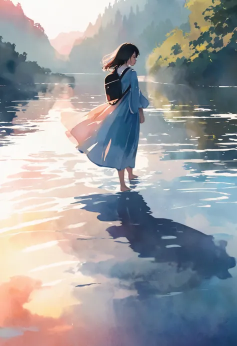 (watercolor style, spectrum art) + majestic river、パノラマviewが広がる + costume bag (view) + (flow + subtle reflection) + (blend + scat...