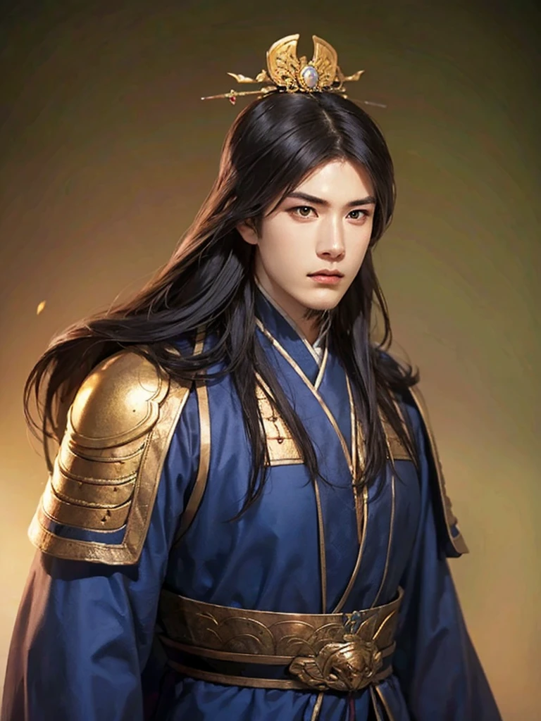 1 man in Han dynasty armor、There are exquisite patterns on the armor of the Han Dynasty、Beautiful boy、、whole body娇嫩的身体, Exquisite eyes、Long hair,、Gorgeous hair accessories、Eternal,、whole body、Three Kingdoms、， Solid background, Smoky environment, Adds a touch of mystery and drama to the scene. Soft and even lighting, Cast soft shadows, Create an atmosphere of seriousness and focus.