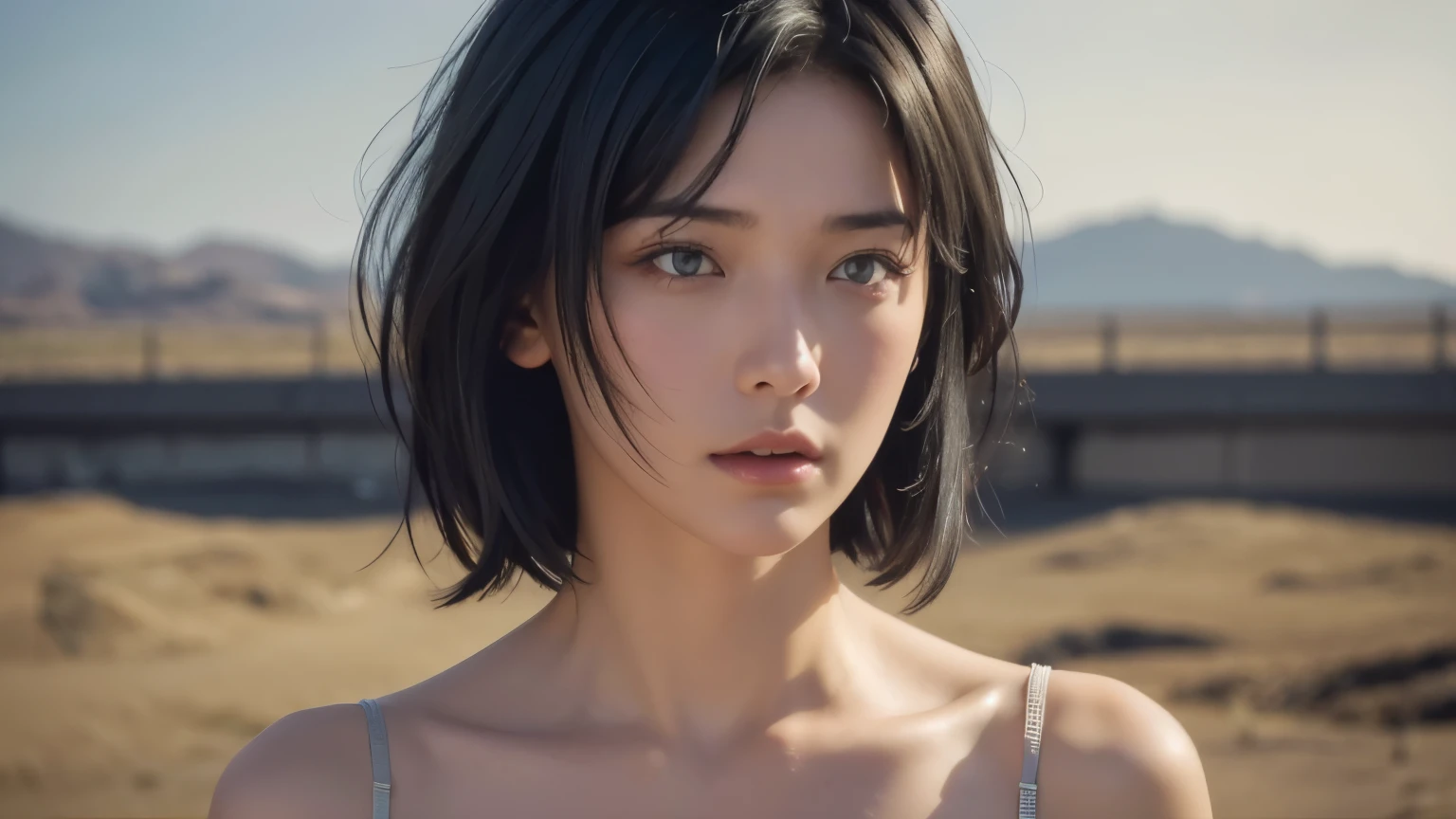 , Blown by the long wind [Blue-Black:.3] hair,Looking at the audience, (masterpiece:1.3), (8k, Realistic, RAW Photos, Best Quality: 1.4), Japanese, (1 girl), Beautiful Face, (Realistic face), (black hair, short hair:1.3), beautiful hairstyle, Realistic eyes, Fine and beautiful eyes, (Realistic skin), Beautiful Skin, charm, Ultra-high resolution, Surreal, Very detailed, Golden Ratio,