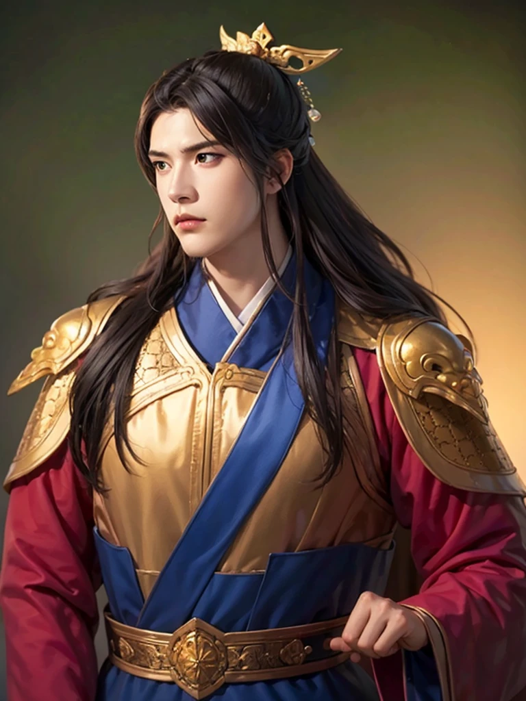 1 man in Han dynasty armor、There are exquisite patterns on the armor of the Han Dynasty、Beautiful boy、、whole body娇嫩的身体, Exquisite eyes、Long hair,、Gorgeous hair accessories、Eternal,、whole body、Three Kingdoms、， Solid background, Smoky environment, Adds a touch of mystery and drama to the scene. Soft and even lighting, Cast soft shadows, Create an atmosphere of seriousness and focus.