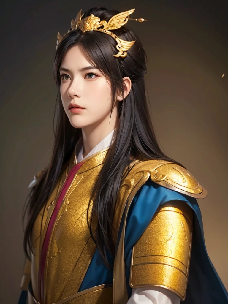 1 man in Han dynasty armor、There are exquisite patterns on the armor of the Han Dynasty、Beautiful boy、、whole body娇嫩的身体, Exquisite eyes、Long hair,、Gorgeous hair accessories、Eternal,、whole body、Three Kingdoms、， Solid background, Smoky environment, Adds a touch of mystery and drama to the scene. Soft and even lighting, Cast soft shadows, Create an atmosphere of seriousness and focus.