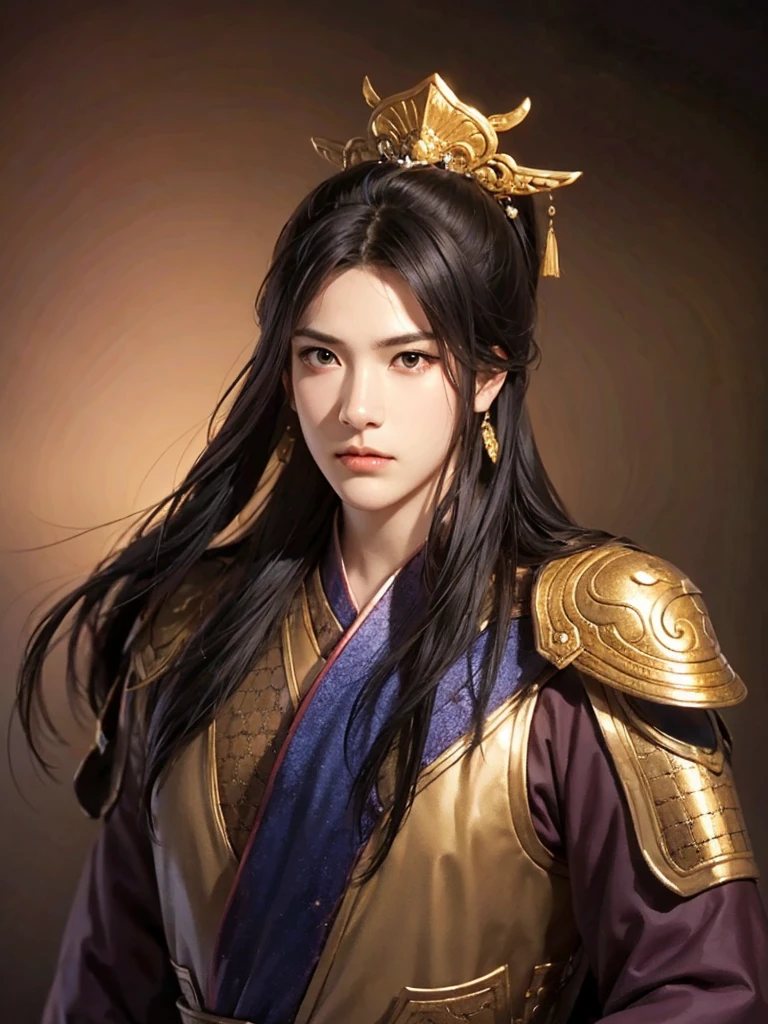 1 man in Han dynasty armor、There are exquisite patterns on the armor of the Han Dynasty、Beautiful boy、、whole body娇嫩的身体, Exquisite eyes、Long hair,、Gorgeous hair accessories、Eternal,、whole body、Three Kingdoms、， Solid background, Smoky environment, Adds a touch of mystery and drama to the scene. Soft and even lighting, Cast soft shadows, Create an atmosphere of seriousness and focus.