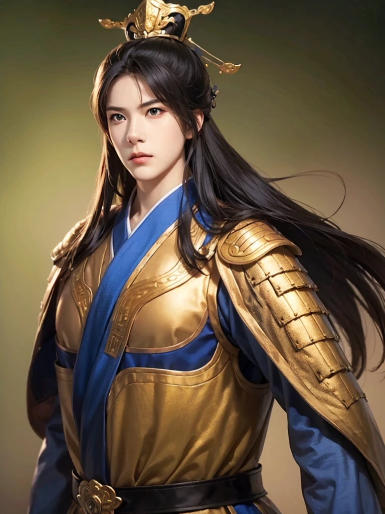 1 man in Han dynasty armor、There are exquisite patterns on the armor of the Han Dynasty、Beautiful boy、、whole body娇嫩的身体, Exquisite eyes、Long hair,、Hair accessories、Eternal,、whole body、Three Kingdoms、， Solid background, Smoky environment, Adds a touch of mystery and drama to the scene. Soft and even lighting, Cast soft shadows, Create an atmosphere of seriousness and focus.