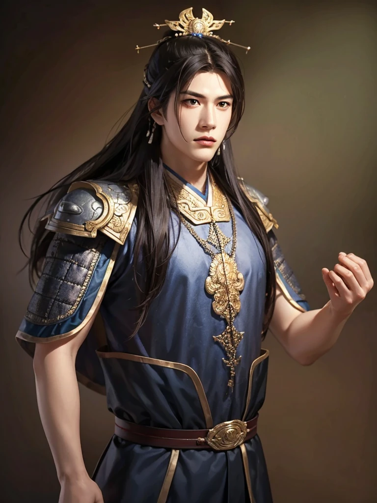 1 man in Han dynasty armor、There are exquisite patterns on the armor of the Han Dynasty、Beautiful boy、、whole body娇嫩的身体, Exquisite eyes、Long hair,、Hair accessories、Eternal,、whole body、Three Kingdoms、， Solid background, Smoky environment, Adds a touch of mystery and drama to the scene. Soft and even lighting, Cast soft shadows, Create an atmosphere of seriousness and focus.