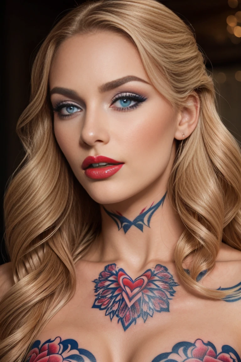 portrait photo of a beautiful woman with a beautiful face, tattooed neck graceful neck, red full lips, , blue expressive eyes, high arched eyebrows, high forehead, beautiful nose, blonde long wavy hair realistic skin texture photo realistic