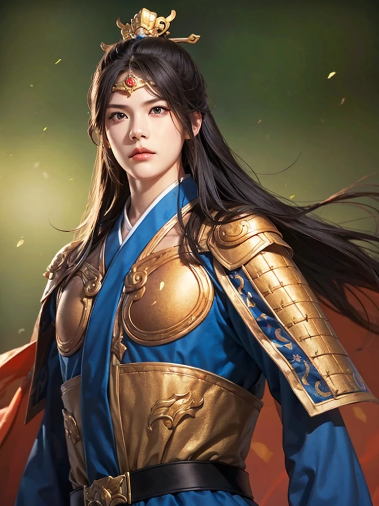 1 man in Han dynasty armor、There are exquisite patterns on the armor of the Han Dynasty、Beautiful boy、、whole body娇嫩的身体, Exquisite eyes、Long hair,、Hair accessories、Eternal,、whole body、Three Kingdoms、， Solid background, Smoky environment, Adds a touch of mystery and drama to the scene. Soft and even lighting, Cast soft shadows, Create an atmosphere of seriousness and focus.