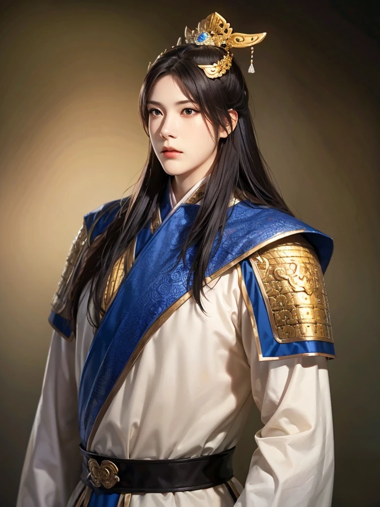 1 man in Han dynasty armor、There are exquisite patterns on the armor of the Han Dynasty、Beautiful boy、、whole body娇嫩的身体, Exquisite eyes、Long hair,、Hair accessories、Eternal,、whole body、Three Kingdoms、， Solid background, Smoky environment, Adds a touch of mystery and drama to the scene. Soft and even lighting, Cast soft shadows, Create an atmosphere of seriousness and focus.