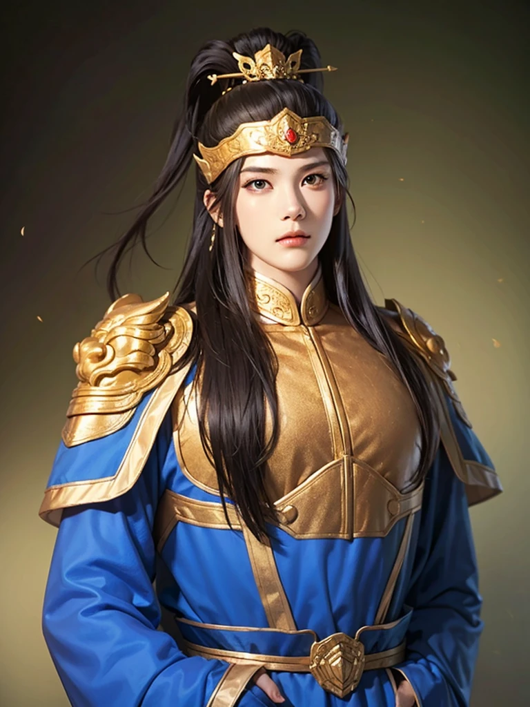 1 man in Han dynasty armor、There are exquisite patterns on the armor of the Han Dynasty、Beautiful boy、、whole body娇嫩的身体, Exquisite eyes、Long hair,、Gorgeous hair accessories、Eternal,、whole body、Three Kingdoms、， Solid background, Smoky environment, Adds a touch of mystery and drama to the scene. Soft and even lighting, Cast soft shadows, Create an atmosphere of seriousness and focus.