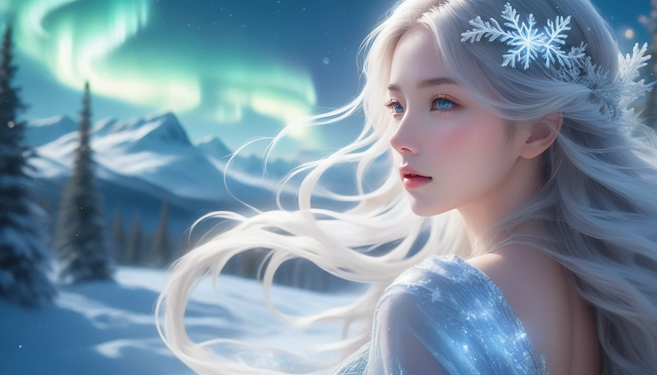 A Masterpiece In 32K Resolution, Supreme Clarity, Hyperreal Detail, Cinematic Artwork, Ultra-High-Resolution 32K Wallpaper, Majestic Lighting, Ethereal Beauty, And Immaculate Precision. The Scene Portrays A Girl Amidst A Serene, Snow-Covered Forest, Soft Flurries Falling Around Her In The Crisp Night Air. She Accentuating Her Full Bosom, With Glistening Jewelry That Dances With Her Every Shift. Her Skin Shimmers Like Frosted Glass, Radiating A Subtle Glow Against The Moonlit Snow. Her Wild, Wind-Swept Silver Hair Cascades Over Her Shoulders, Blending Effortlessly With The Pale, Icy Landscape. Glistening Crystals Of Snow Catch In Her Hair, Reflecting The Cool Light Of A Winter Night. She Is Draped In A Flowing, Ethereal Gown That Glows Softly Under The Majestic Northern Lights, Which Dance Across The Sky. Her Piercing, Ocean-Blue Eyes Stand Out Strikingly Against The Pale Environment, With An Intense, Soulful Gaze That Draws The Viewer In. Her Jewelry, Embellished With Frosted Gems, Glimmers As She Moves Gracefully Through The Snow-Laden Forest. The Cinematic Lighting Highlights The Depth And Immensity Of The Snow-Covered Scene, While Her Mystical Aura Exudes Grace And Elegance. The Hyper-Realistic Detail Captures Her Serene Yet Powerful Presence, Surrounded By The Whispering Silence Of The Winter Landscape, With Each Snowflake Illuminated In The Crisp Air Around Her.