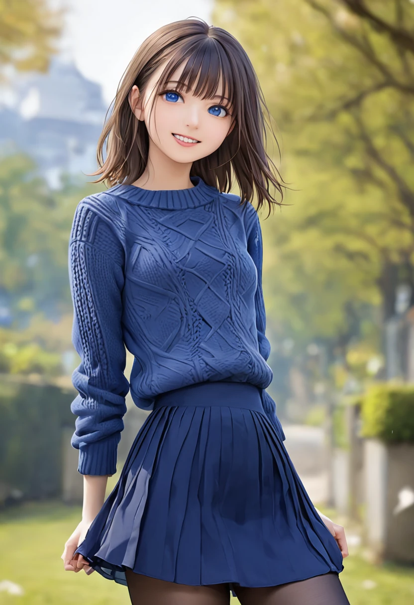 ((Long skirt)), ((Best Quality)), ((masterpiece)), (detailed), ((small breasts)), From below、1 female, 2, Smiling face Medium hair, Brown Hair, bangs, Deep blue eyes, casual, ((Knitted sweater)), Destroyed dark blue chiffon skirt, Dark blue pantyhose、Blurred Background, Complex pupil ショートブーツ, Complex weaving, Complex pupil, Complex weaving, (Autumn Scenery), garden, Thin legs, 