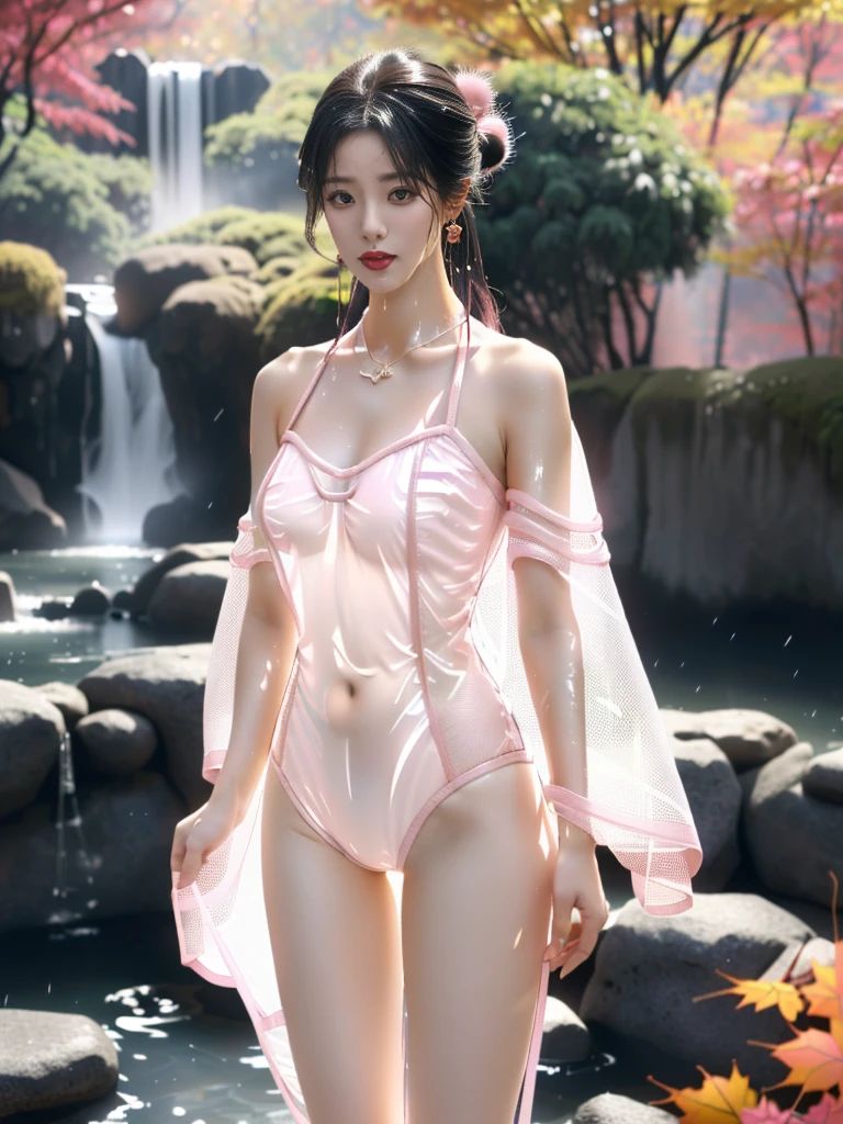 一个有着美丽脸庞的Sexy中国华裔女孩, Wearing avant-garde transparent fabric Hanfu, (((Light theme, Expose the subject, Sexy主题)))
(((rain, Very close to the waterfall, Autumn maple tree, Red maple leaf))),
((8K Ultra HD, 8K, Ultra-high resolution, Best quality, Super Fine, Clear focus. Masterpieces, complete pattern, Ultra HD, Detailed photos, Best image quality，Ultra-clear，Delicate facial features，Well-defined, Highly rated works, Close-up depth of field photography, Above the knee)), 
((Creating the image of a real girl), Realistic shadows, Soft lighting, Dynamic Angle, Dynamic poses, Elegant Posture, Cowboy lens, Full body front view, Be confident, Facing the camera, Eyes looking towards camera lens, Standing posture, Open your legs slightly, Golden Ratio Graphics, Minimalism, Center the character), 
( Smile, Sexy的, Balanced Eyes, Realistic eyes, Beautiful details of the eyes,Pretty Face, (Realistic face), Normal facial features, Realistic skin, Pay attention to skin details, Skin is clean and radiant, Whitening, Anatomically correct body, Golden ratio figure, Sexy的身材), 
(Perfect makeup, Gloves, earrings, bracelet, necklace, Jewelry, Hair accessories, shawl, sock, Knee socks, 吊garter, Leg ring, garter, 腿部garter), 
((beautiful hair), Dark brown hair, Fluffy hair, Wavy curly hairstyle, Waist-length hair, Messy Hairstyle, Gradient hairstyles, Cyberpunk Hairstyle, High double ponytail hairstyle), 
((Transparent clothes: 1.5), (Revealing clothes: 1.5),  (Wet clothes:1.5), (Color of clothes: Pink), Wearing transparent clothing, (((Transparent pink mesh Hanfu))), (((Transparent pink mesh tube top))), (((Transparent pink mesh tube top))),), 
(Sexy的, Perfect breast shape, Teardrop chest shape, Snow-white breasts, Very detailed breasts, 34C cup), 
(Super high waist, Deep V, Low-cut, Sexy, Flattering, Open crotch, (Clear camel toe, (High fork strangulation))),
(((Clear outline, Clear underwear, 透明Sexy的穿着)))