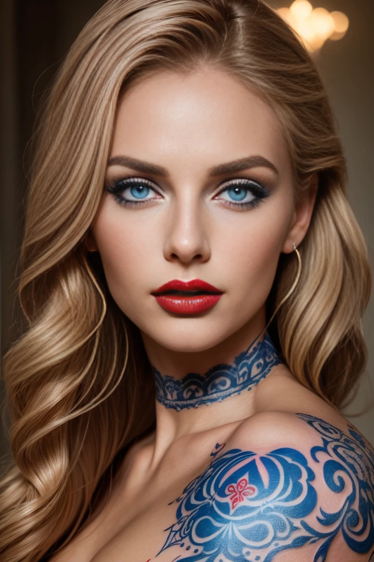 portrait photo of a beautiful woman with a beautiful face, tattooed neck graceful neck, red full lips, , blue expressive eyes, high arched eyebrows, high forehead, beautiful nose, blonde long wavy hair realistic skin texture photo realistic