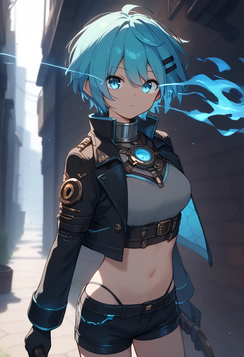 (uncensored), score_9, score_8_up, score_7_up,source_anime, high quality, exceptional, best quality, perfect hand, 1 girl, (solo), look at viewer, detailed face, detailed eyes, ((her right eye is glowing, blue fire)), (((short hair))), (dark), ((grey crop top)), ((black g-string panties)) , (middle size breasts), ((designed black jacket)), (((short pants))), ((leather gloves, her hand have blade)), ((standing in back alley)), hatsune miku, no hair clip, thin light blue hair, blue eyes visible through hair, glowing eye, (steampunk)