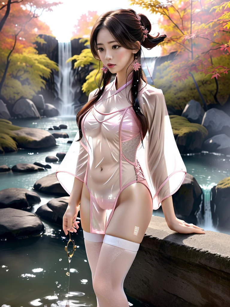 一个有着美丽脸庞的Sexy中国华裔女孩, Wearing avant-garde transparent fabric Hanfu, (((Light theme, Expose the subject, Sexy主题)))
(((rain, Very close to the waterfall, Autumn maple tree, Red maple leaf))),
((8K Ultra HD, 8K, Ultra-high resolution, Best quality, Super Fine, Clear focus. Masterpieces, complete pattern, Ultra HD, Detailed photos, Best image quality，Ultra-clear，Delicate facial features，Well-defined, Highly rated works, Close-up depth of field photography, Above the knee)), 
((Creating the image of a real girl), Realistic shadows, Soft lighting, Dynamic Angle, Dynamic poses, Elegant Posture, Cowboy lens, Full body front view, Be confident, Facing the camera, Eyes looking towards camera lens, Standing posture, Open your legs slightly, Golden Ratio Graphics, Minimalism, Center the character), 
( Smile, Sexy的, Balanced Eyes, Realistic eyes, Beautiful details of the eyes,Pretty Face, (Realistic face), Normal facial features, Realistic skin, Pay attention to skin details, Skin is clean and radiant, Whitening, Anatomically correct body, Golden ratio figure, Sexy的身材), 
(Perfect makeup, Gloves, earrings, bracelet, necklace, Jewelry, Hair accessories, shawl, sock, Knee socks, 吊garter, Leg ring, garter, 腿部garter), 
((beautiful hair), Dark brown hair, Fluffy hair, Wavy curly hairstyle, Waist-length hair, Messy Hairstyle, Gradient hairstyles, Cyberpunk Hairstyle, High double ponytail hairstyle), 
((Transparent clothes: 1.5), (Revealing clothes: 1.5),  (Wet clothes:1.5), (Color of clothes: Pink), Wearing transparent clothing, (((Transparent pink mesh Hanfu))), (((Transparent pink mesh tube top))), (((Transparent pink mesh tube top))),), 
(Sexy的, Perfect breast shape, Teardrop chest shape, Snow-white breasts, Very detailed breasts, 34C cup), 
(Super high waist, Deep V, Low-cut, Sexy, Flattering, Open crotch, (Clear camel toe, (High fork strangulation))),
(((Clear outline, Clear underwear, 透明Sexy的穿着)))